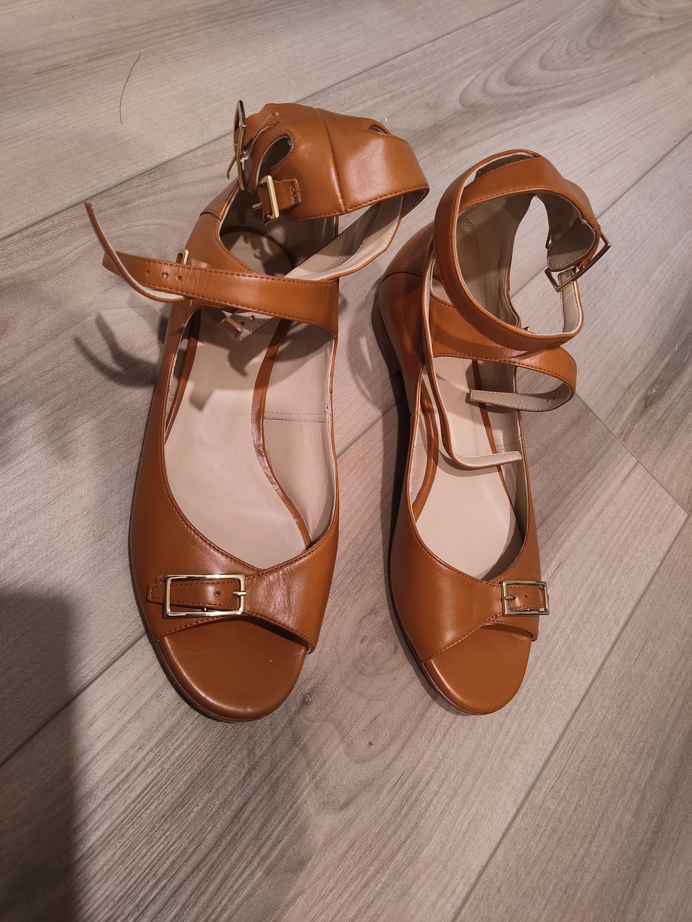 Chloe Tan Leather Ankle-Strap Sandals with Gold Buckles